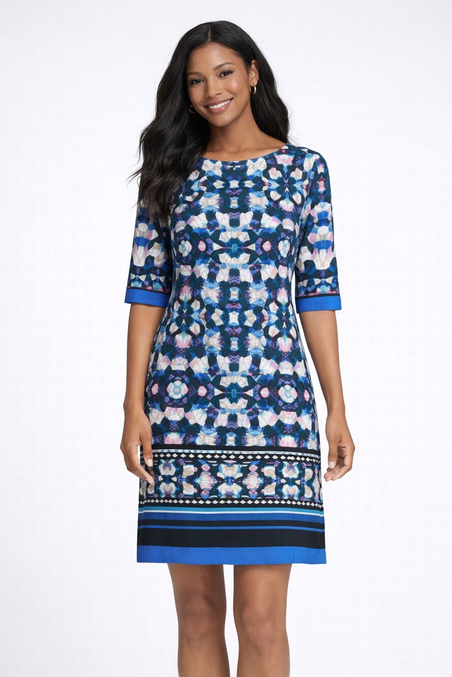Eliza J Geometric 1/2 Sleeve Shift Dress Womens Size 12 Blue Purple Black Career